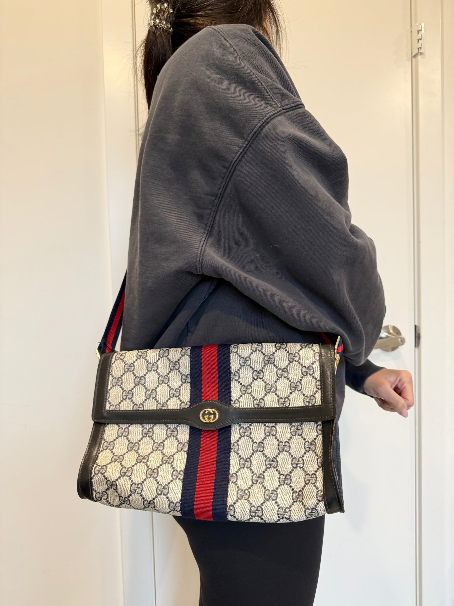 Rare 1985 Gucci Ophidia blue web supreme crossbody clutch with original box added strap in pristine condition!!!