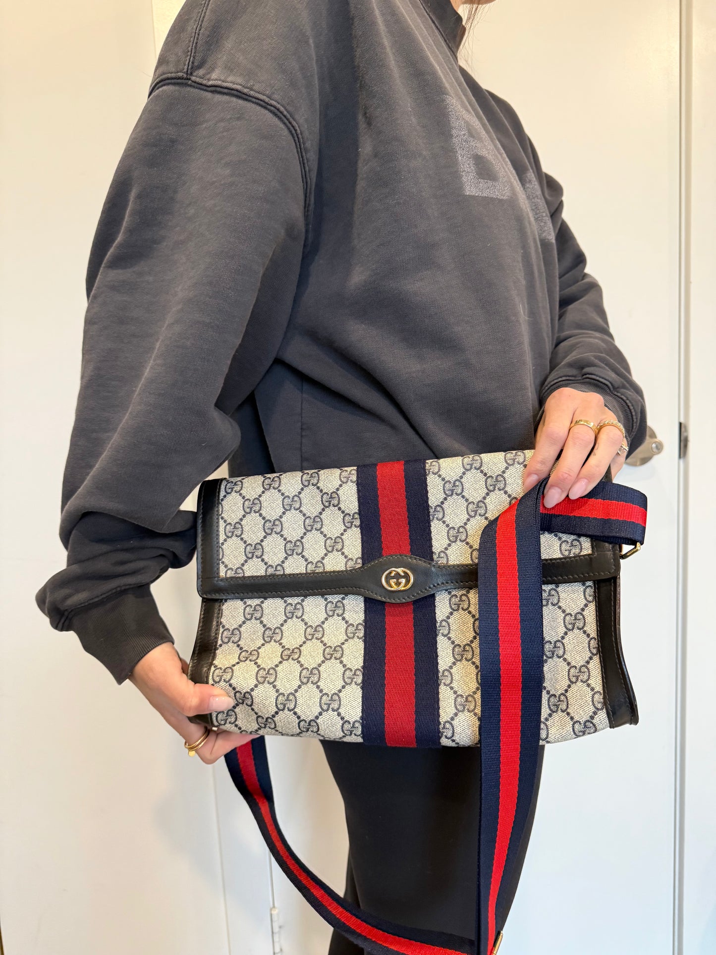 Rare 1985 Gucci Ophidia blue web supreme crossbody clutch with original box added strap in pristine condition!!!