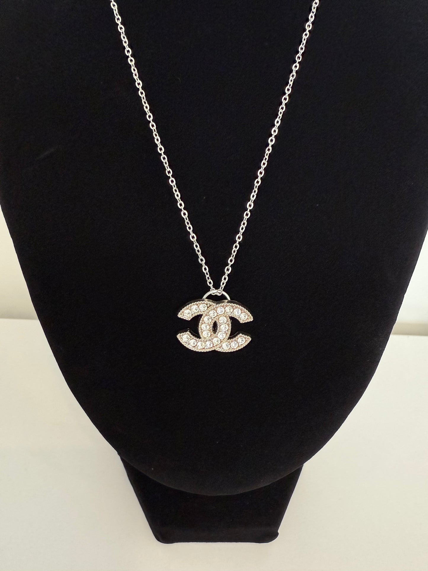 Upcycled Chanel silver plated rhinestone CC necklace ( was a button previously ) stamped !!