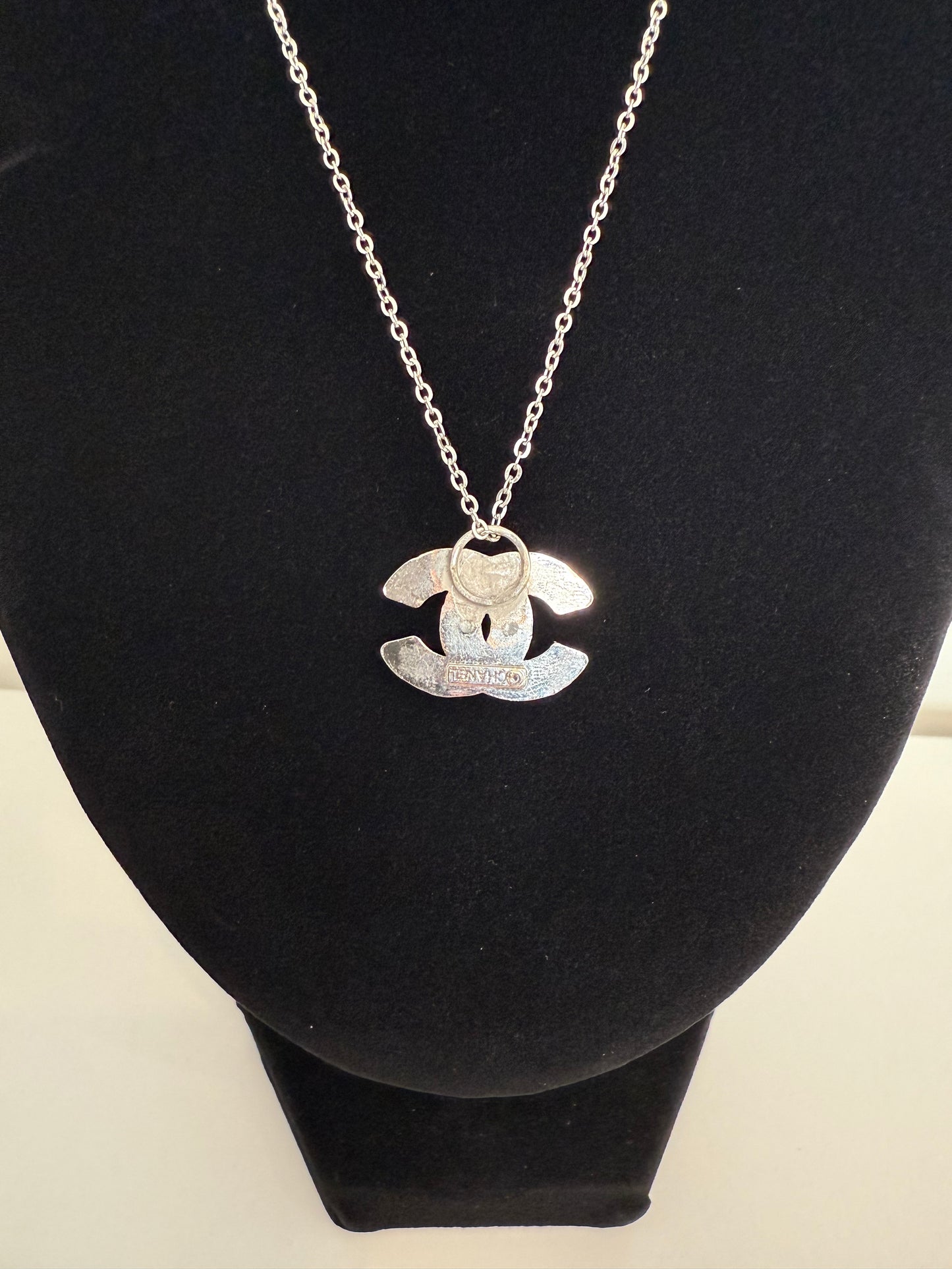 Upcycled Chanel silver plated rhinestone CC necklace ( was a button previously ) stamped !!