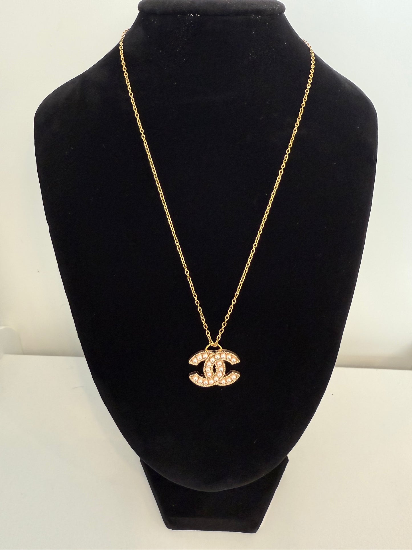 Upcycled Chanel gold plated pearl CC necklace ( was a button previously ) stamped !!
