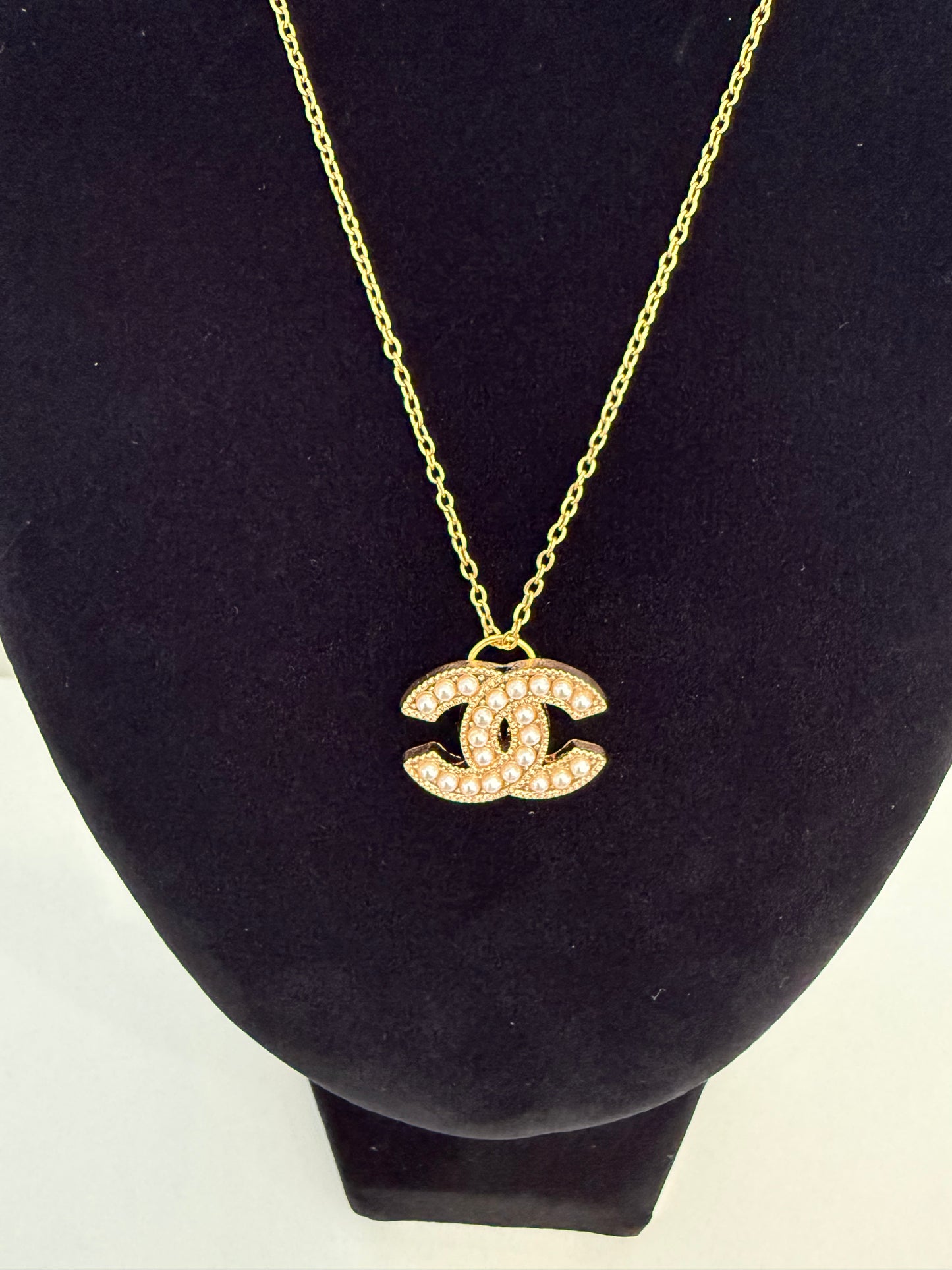 Upcycled Chanel gold plated pearl CC necklace ( was a button previously ) stamped !!