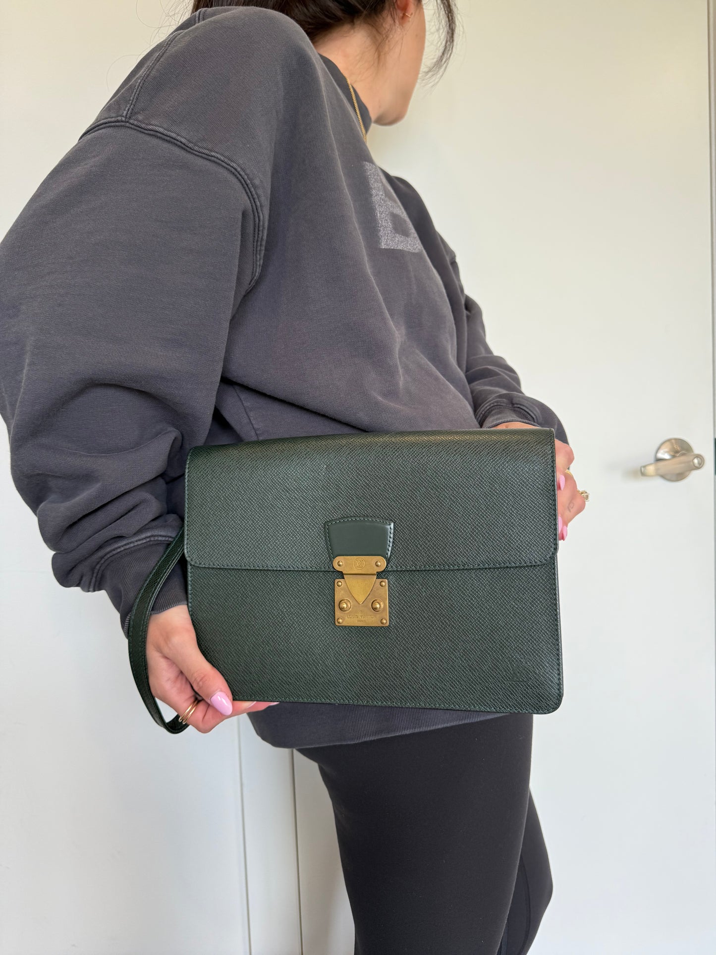 Rare Louis Vuitton money green taiga dragonne wristlet with added strap phones wallets etc fit