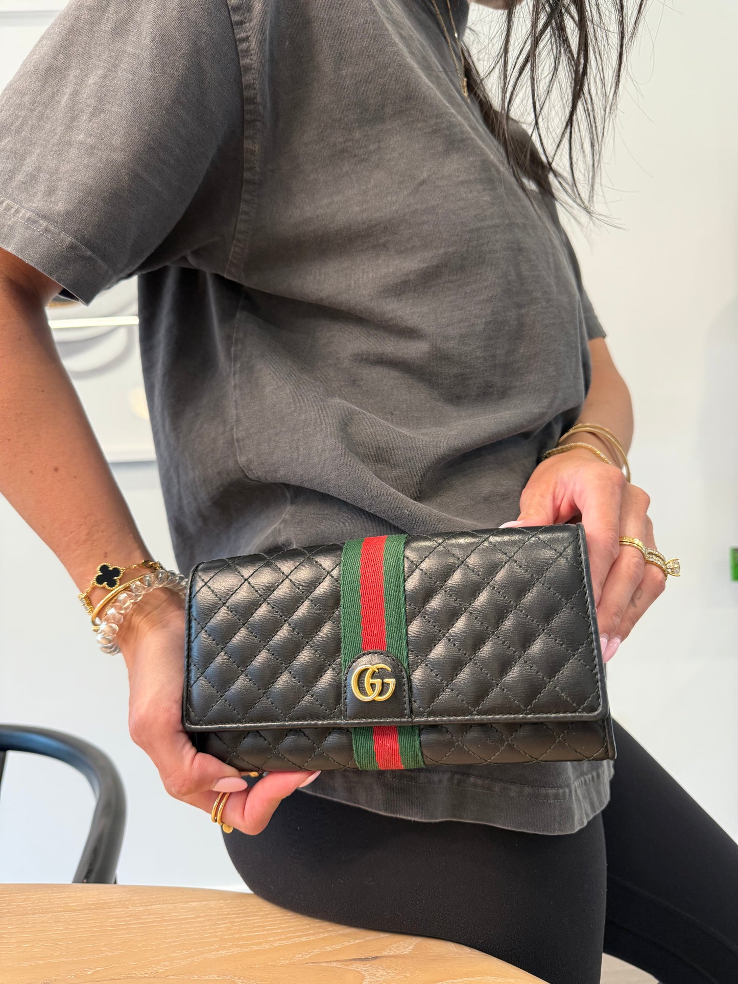 Gucci quilted lambskin Ophidia marmont wallet with added strap and blooms interior fits phones cards cash coins etc