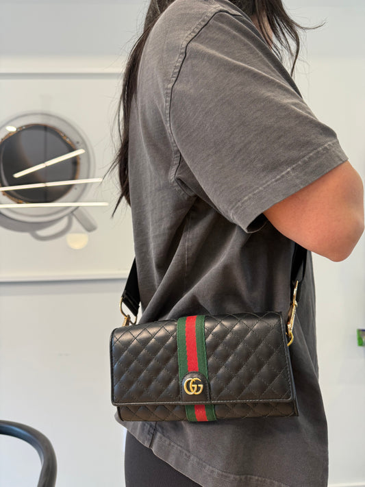 Gucci quilted lambskin Ophidia marmont wallet with added strap and blooms interior fits phones cards cash coins etc