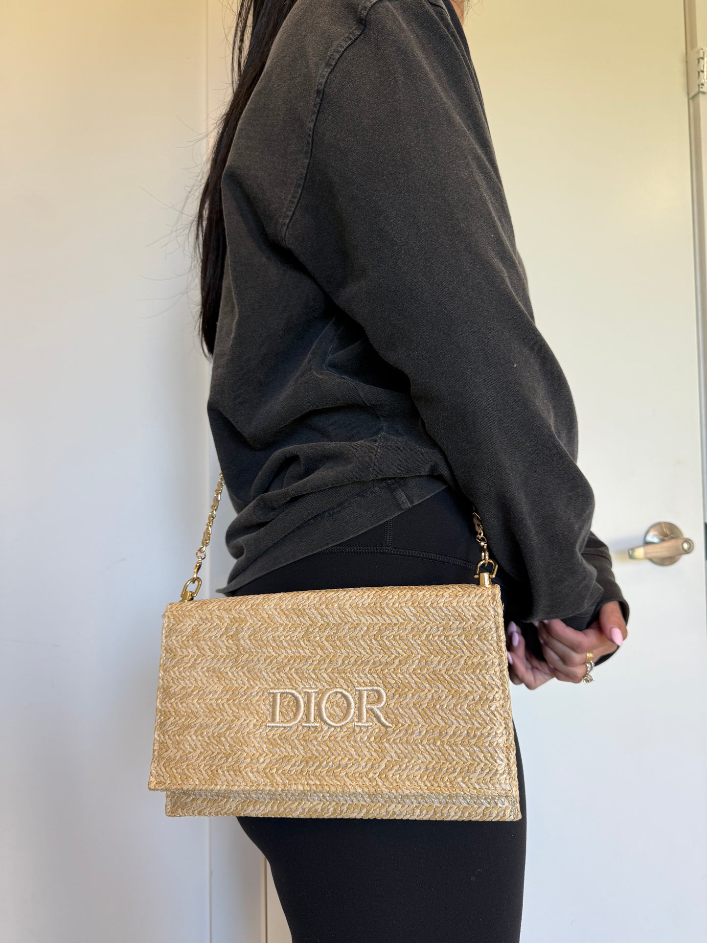 New in box Dior raffia magnetic closure crossbody clutch with 2 added straps fits phones keys wallets makeup etc