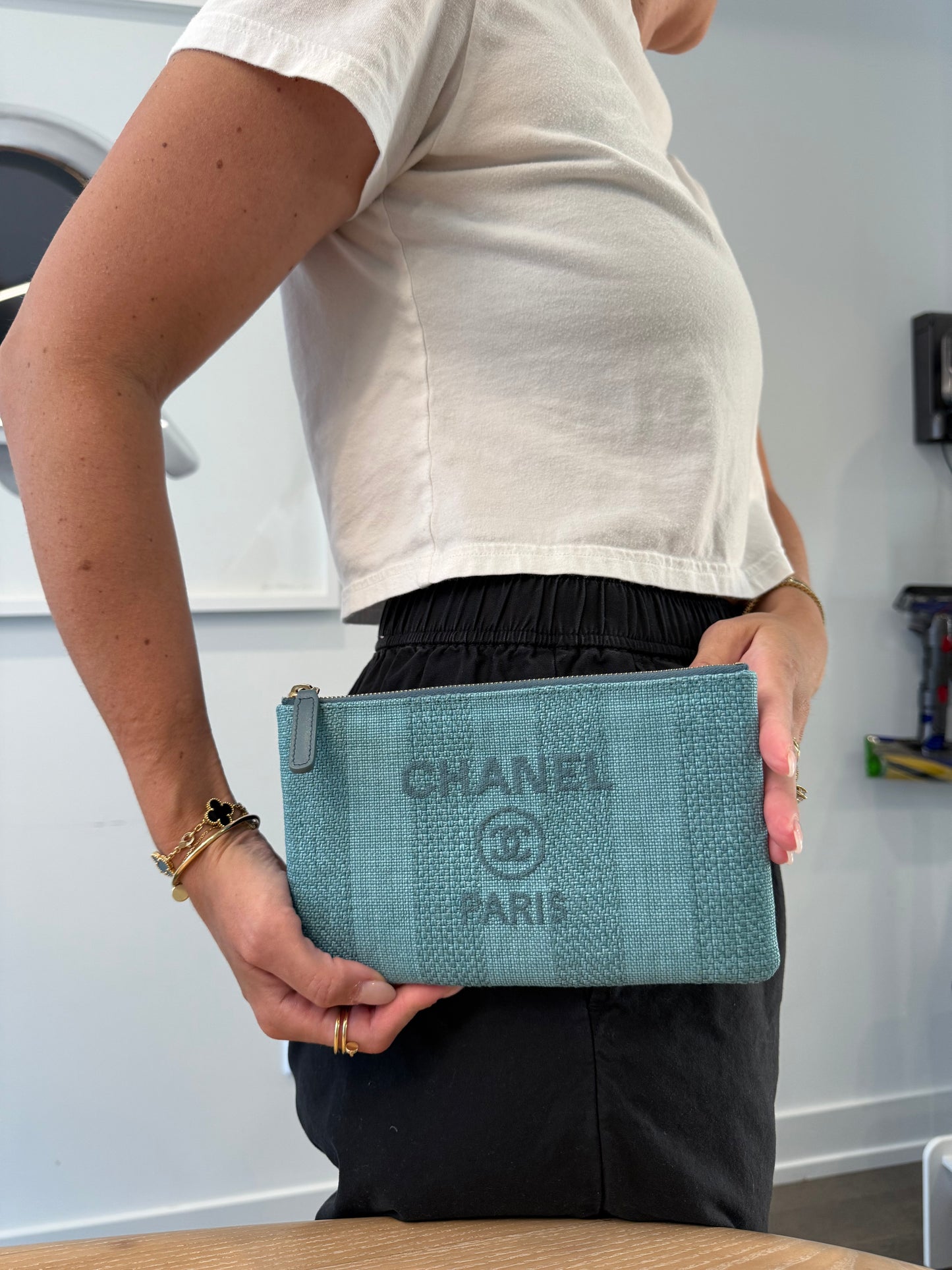 Brand New in box Chanel o case denim full set zipper top clutch fits cards phones coins makeup keys etc retail $1600