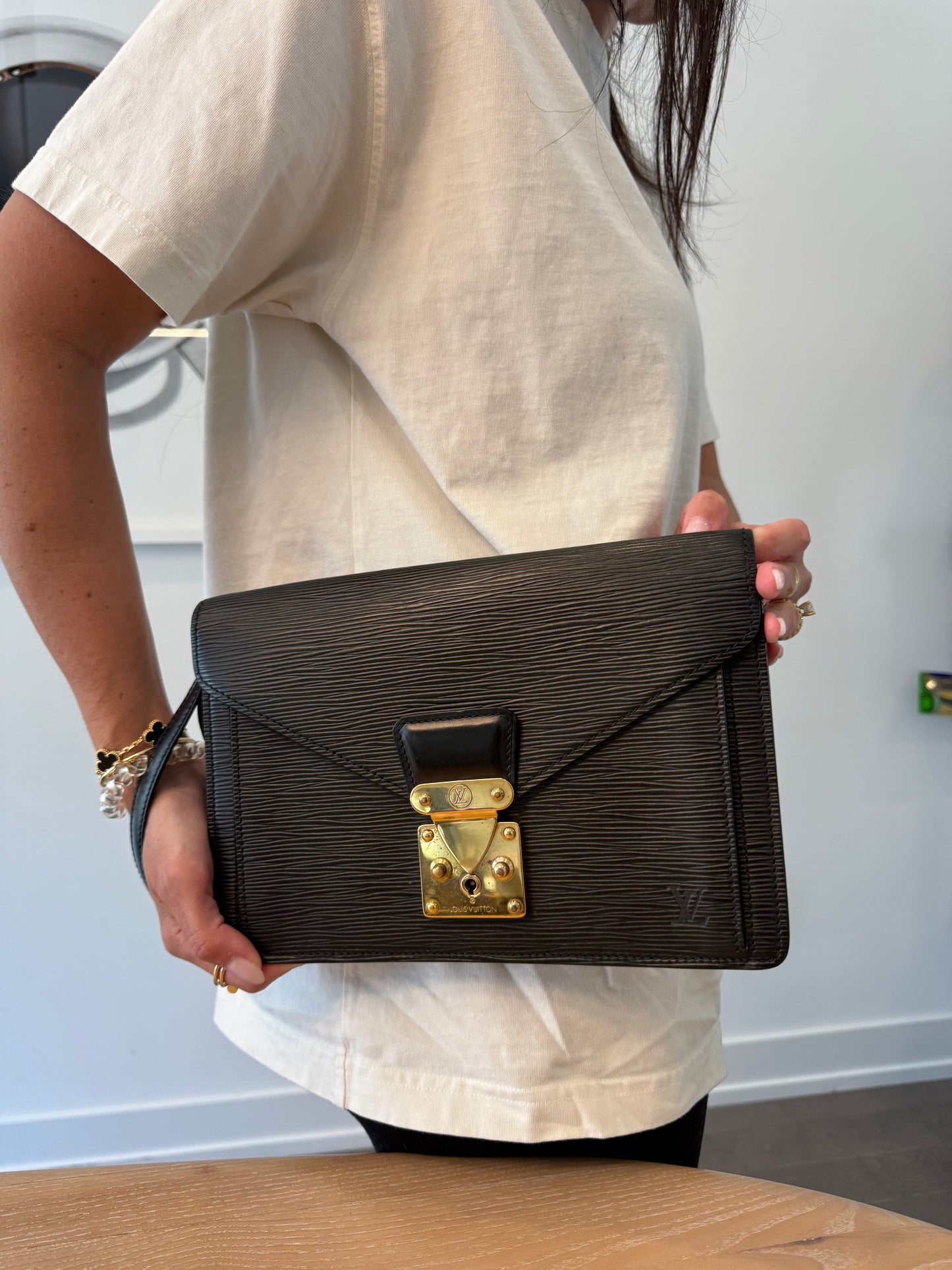 Louis Vuitton dragonne epi black and gold wristlet crossbody with original wristlet and added strap fits a lot