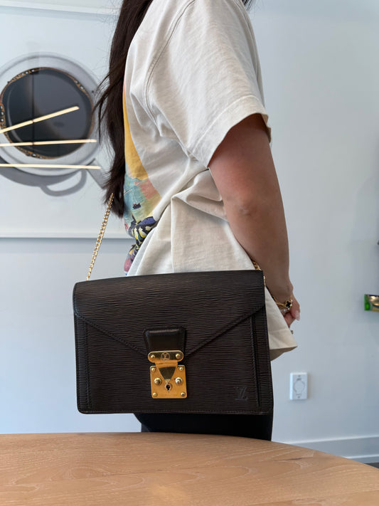 Louis Vuitton dragonne epi black and gold wristlet crossbody with original wristlet and added strap fits a lot