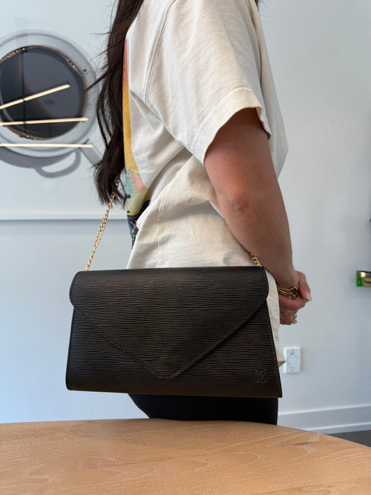 Louis Vuitton epi black arts deco gm clutch with added crossbody strap fits phones wallets etc gorgeous condition