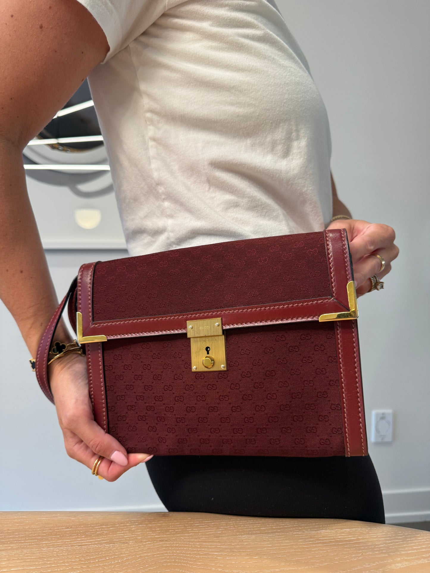 Gucci microguccisima red/gold rare wristlet with original key plus addded crossbody strap in absolute pristine condition