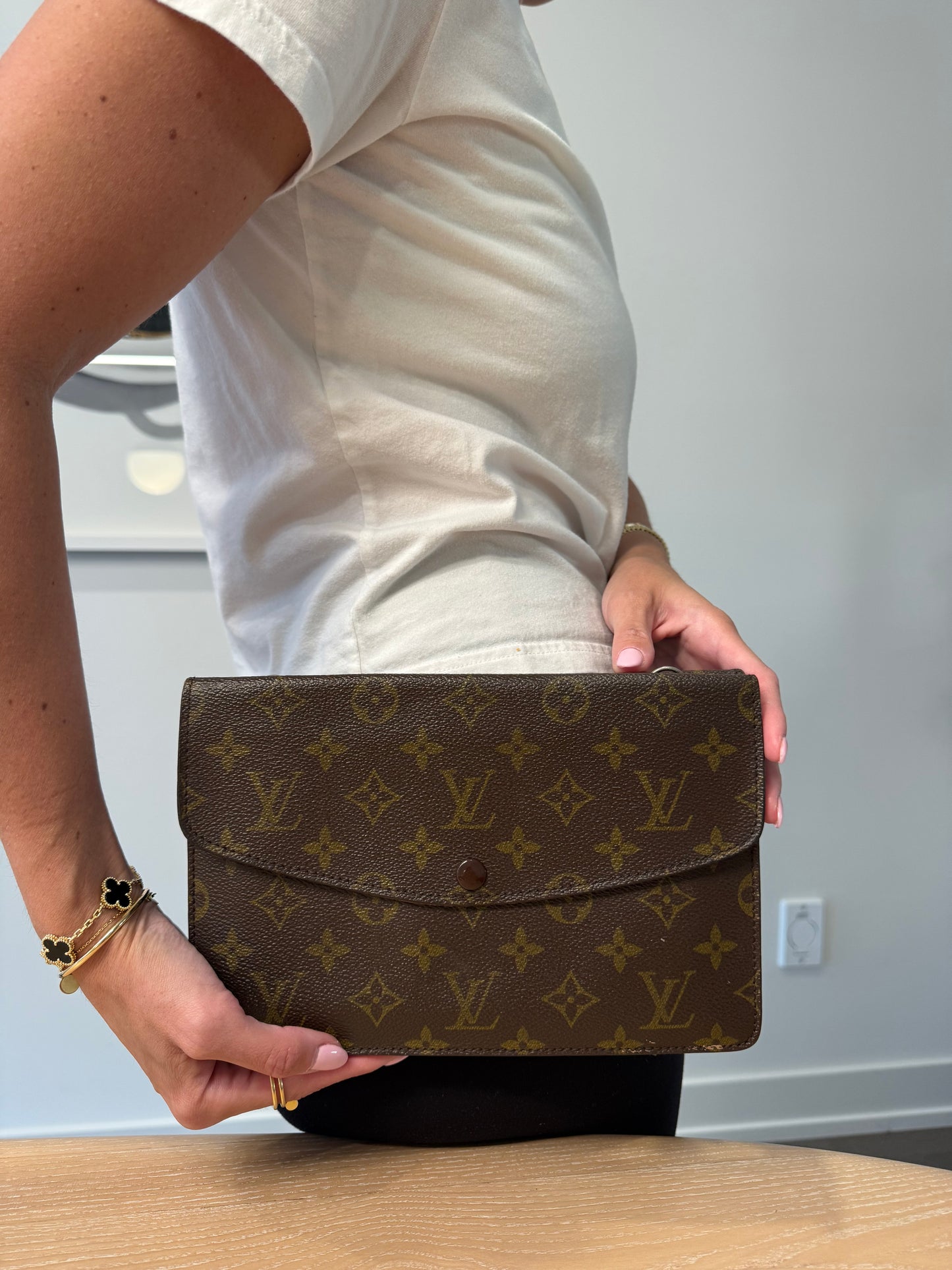 Louis Vuitton monogram rabit double sided crossbody clutch with original crossbody matching monogram strap fits phones wallets keys makeup etc