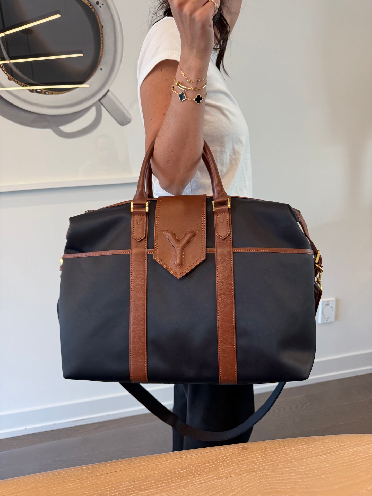 Yves Saint Laurent heavy duty thick nylons brown leather magnetic closure zipper top 2 way crossbody duffle carryon with original adjustable strap!