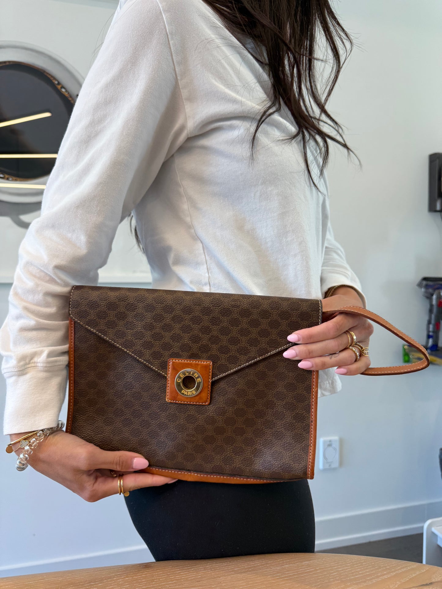 Rare Celine macadam envelope magnetic closure crossbody clutch with added strap in gorgeous condition! Fits phones keys wallets etc