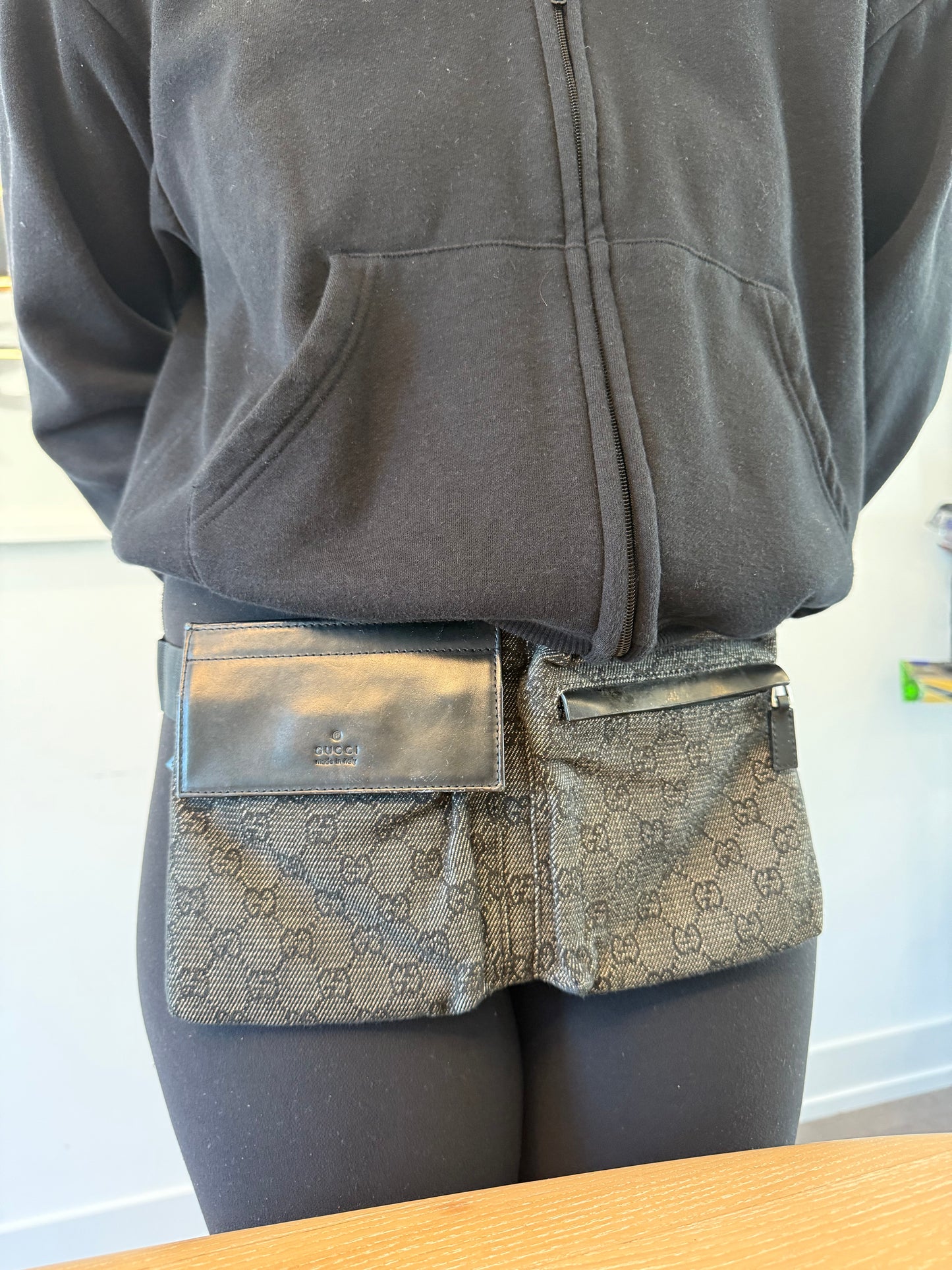 Rare Gucci Jean Black Denim adjustable strap unisex crossbody waistband with original dustbag in gorgeous condition!