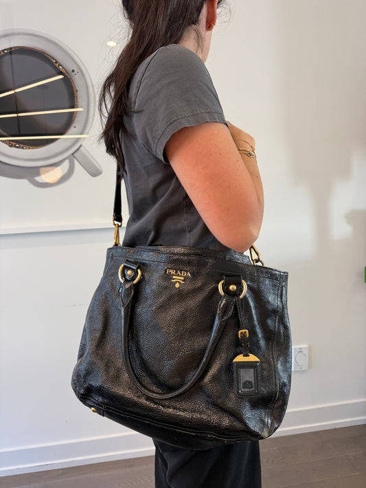 Retail $2500 Prada saffiano patent leather black/gold 2 way shoulder bag with original adjustable crossbody shoulder strap! Fits everything laptops etc
