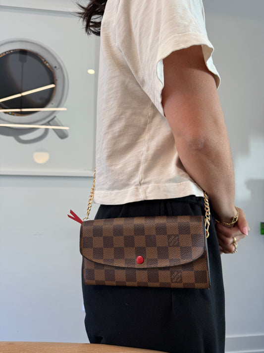 Rare Louis Vuitton Damier ebene Emily wallet with dustbag and added strap ! Fits phones cards cash coins etc pristine condition