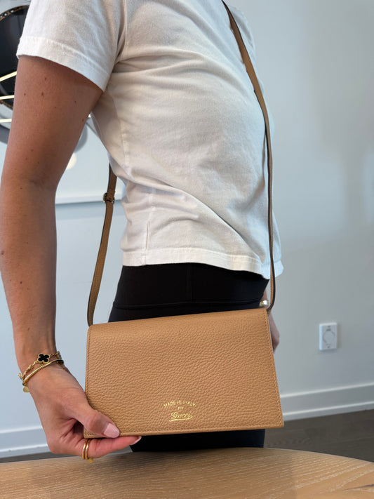 Rare Gucci swing original WOC wallet on chain with camel exterior baby blue interior with dustbag! 9.5/10 condition $2000 new fits phones keys cards cash coins etc