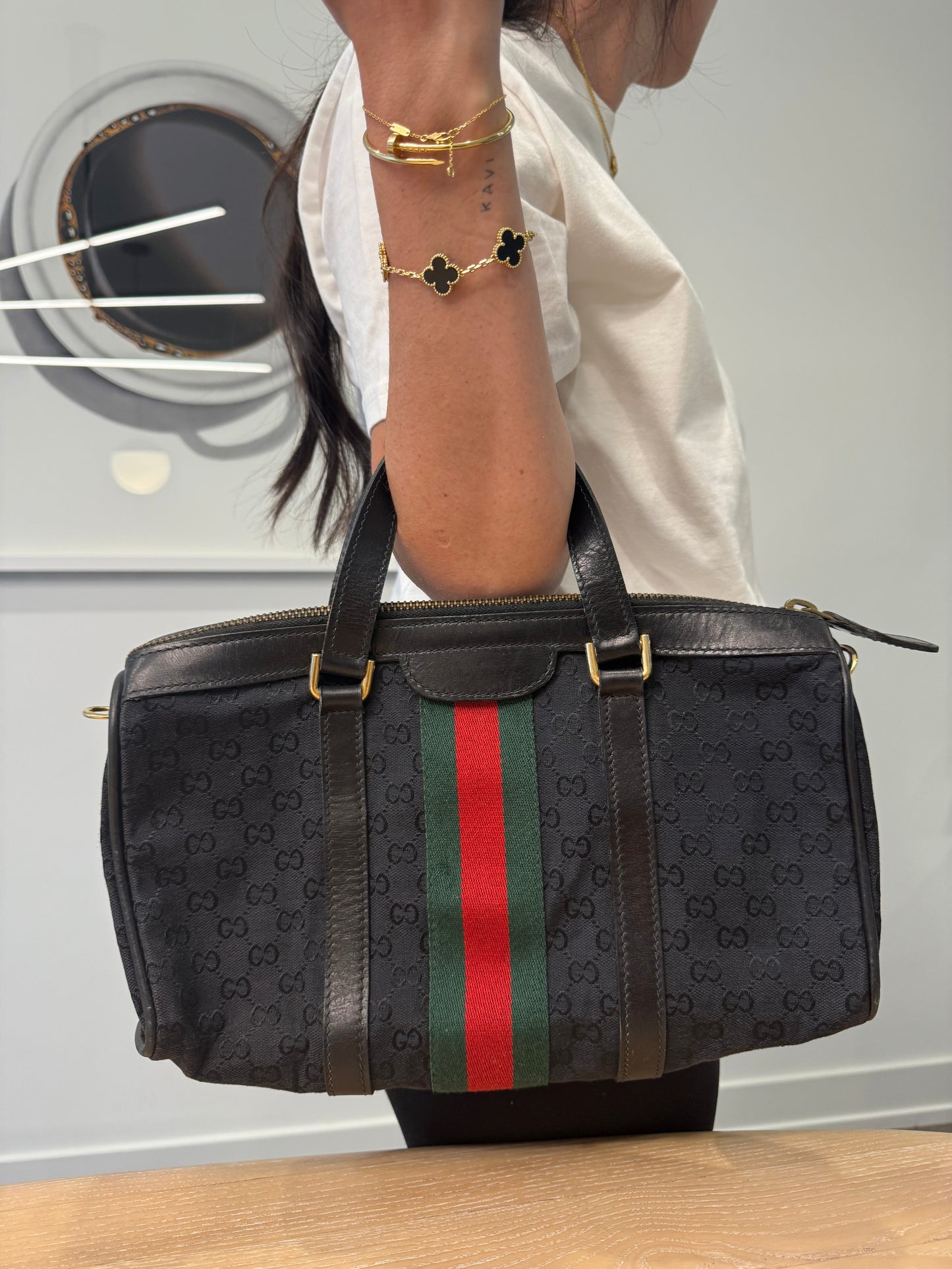 Gucci black on black with gold hardware Ophidia supreme top handle speedy with added matching strap! Unbelievable condition inside and out ! Vintage gold!
