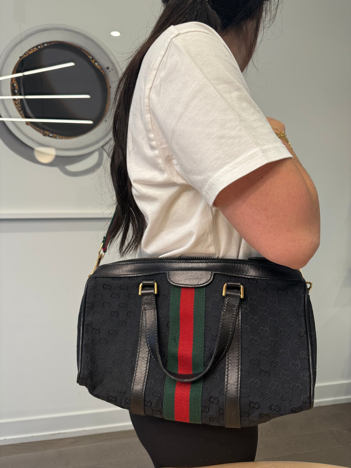 Gucci black on black with gold hardware Ophidia supreme top handle speedy with added matching strap! Unbelievable condition inside and out ! Vintage gold!