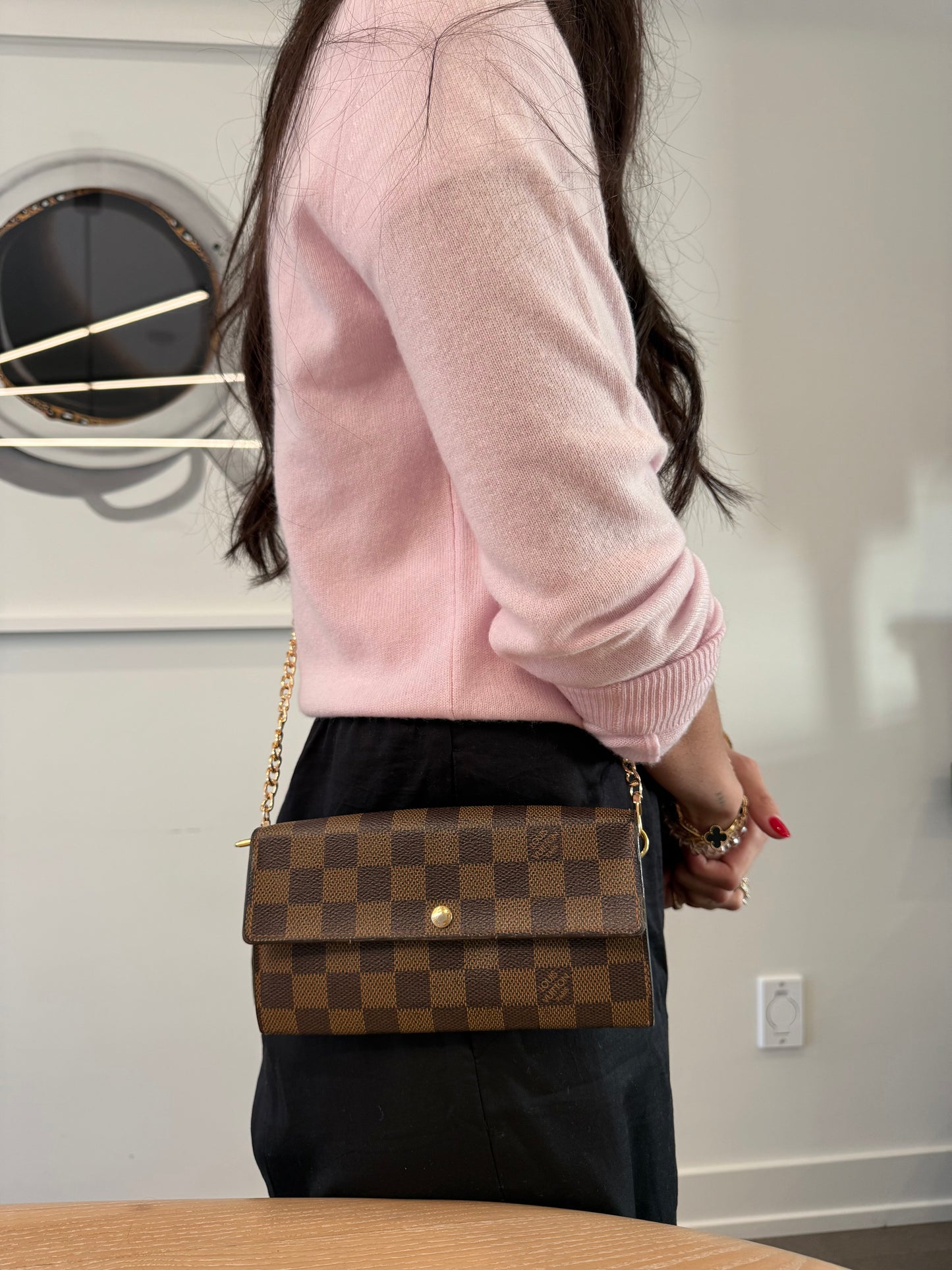 Louis Vuitton damier ebene Sarah wallet with added chain and original box! Fits phones cards cash coins etc