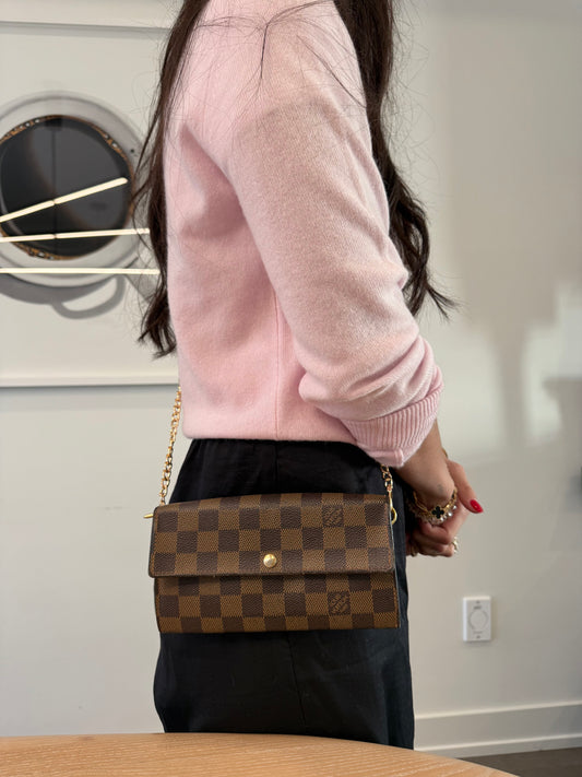 Louis Vuitton damier ebene Sarah wallet with added chain and original box! Fits phones cards cash coins etc