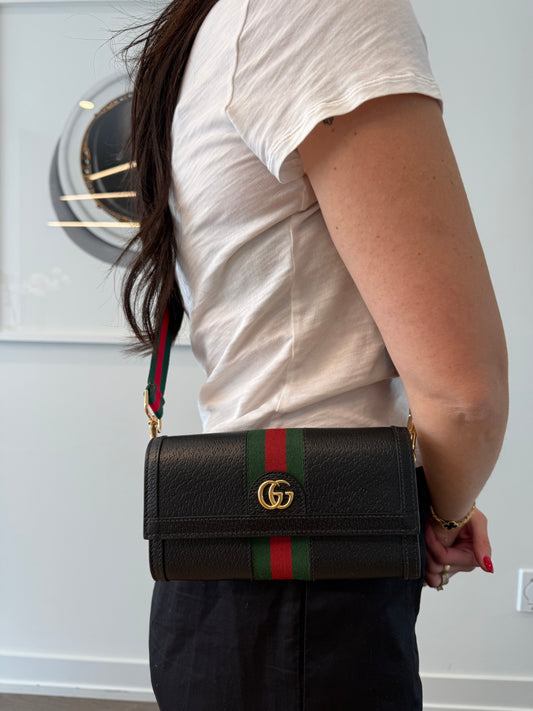 Gucci Ophidia black leather xl wallet with 2 added straps and original box ! Absolutely pristine inside and out ! Phones cards cash coins etc fit