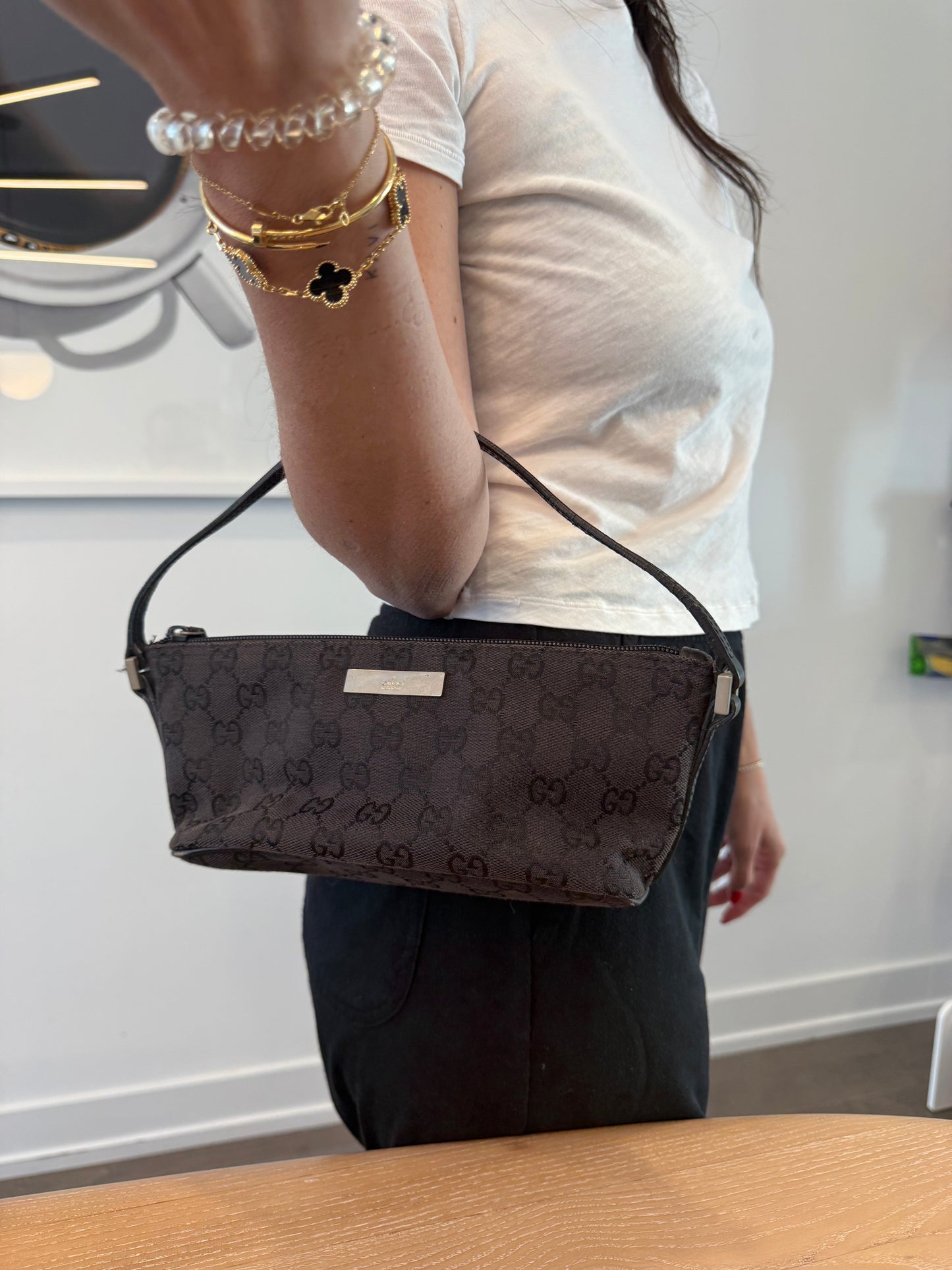 Gucci black on black pochette accessories in gorgeous preloved condition fits phones keys wallets makeup etc