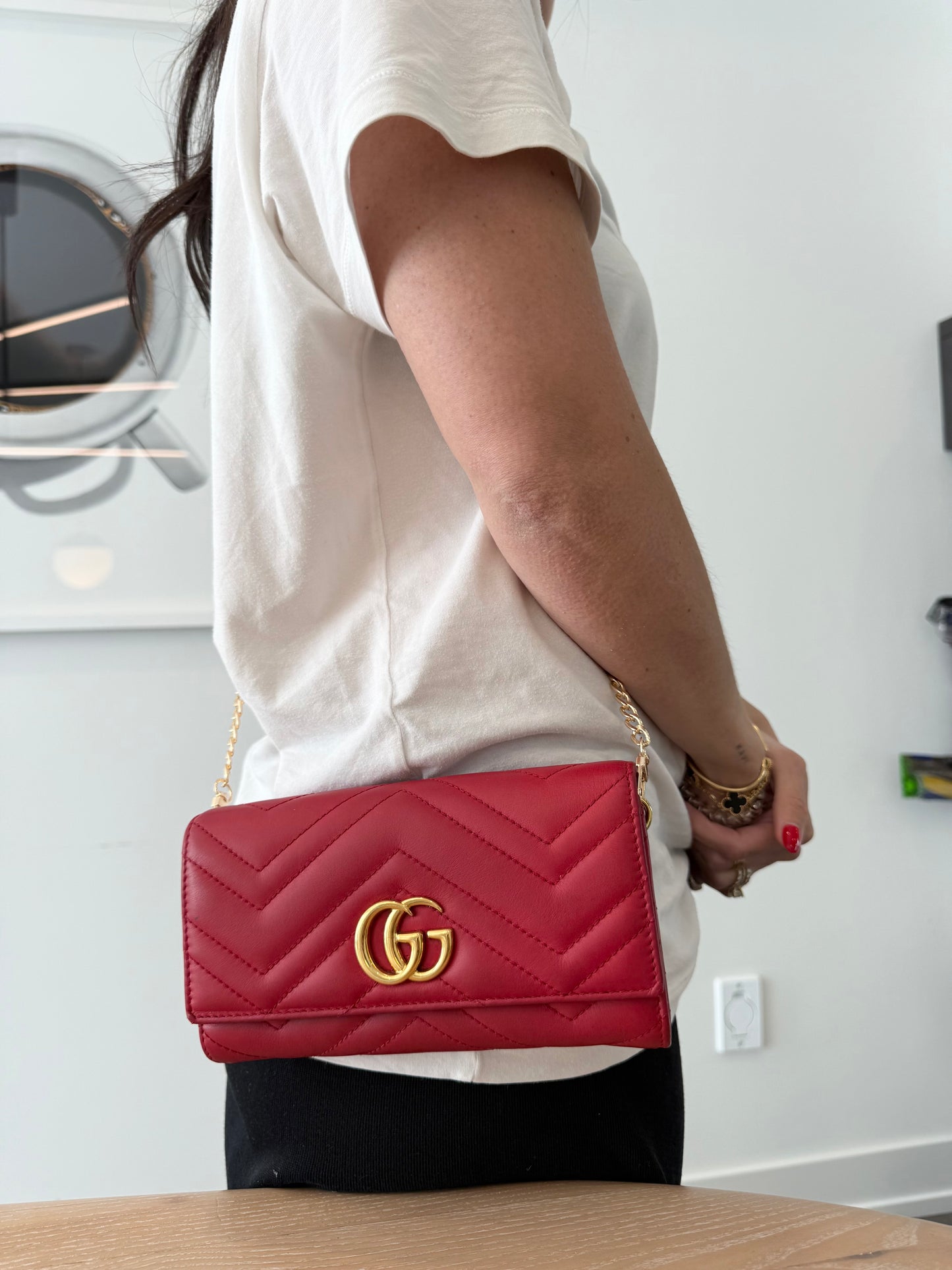 Gucci Marmont red/gold flap xl wallet with added strap ! Retail $1150 plus tax!!! Fits phones cards cash coins etc