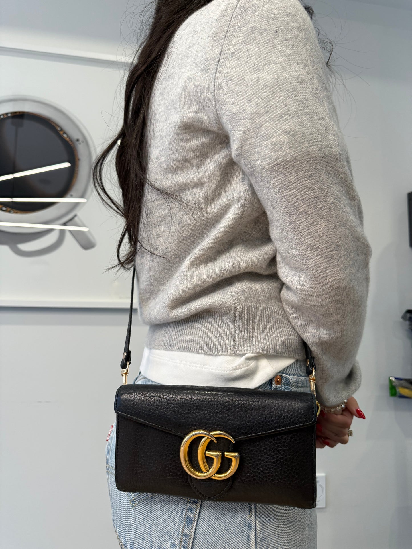 Gucci envelope double GG wallet with added strap fits phones cards cash coins etc retail $1100 with original dustbag