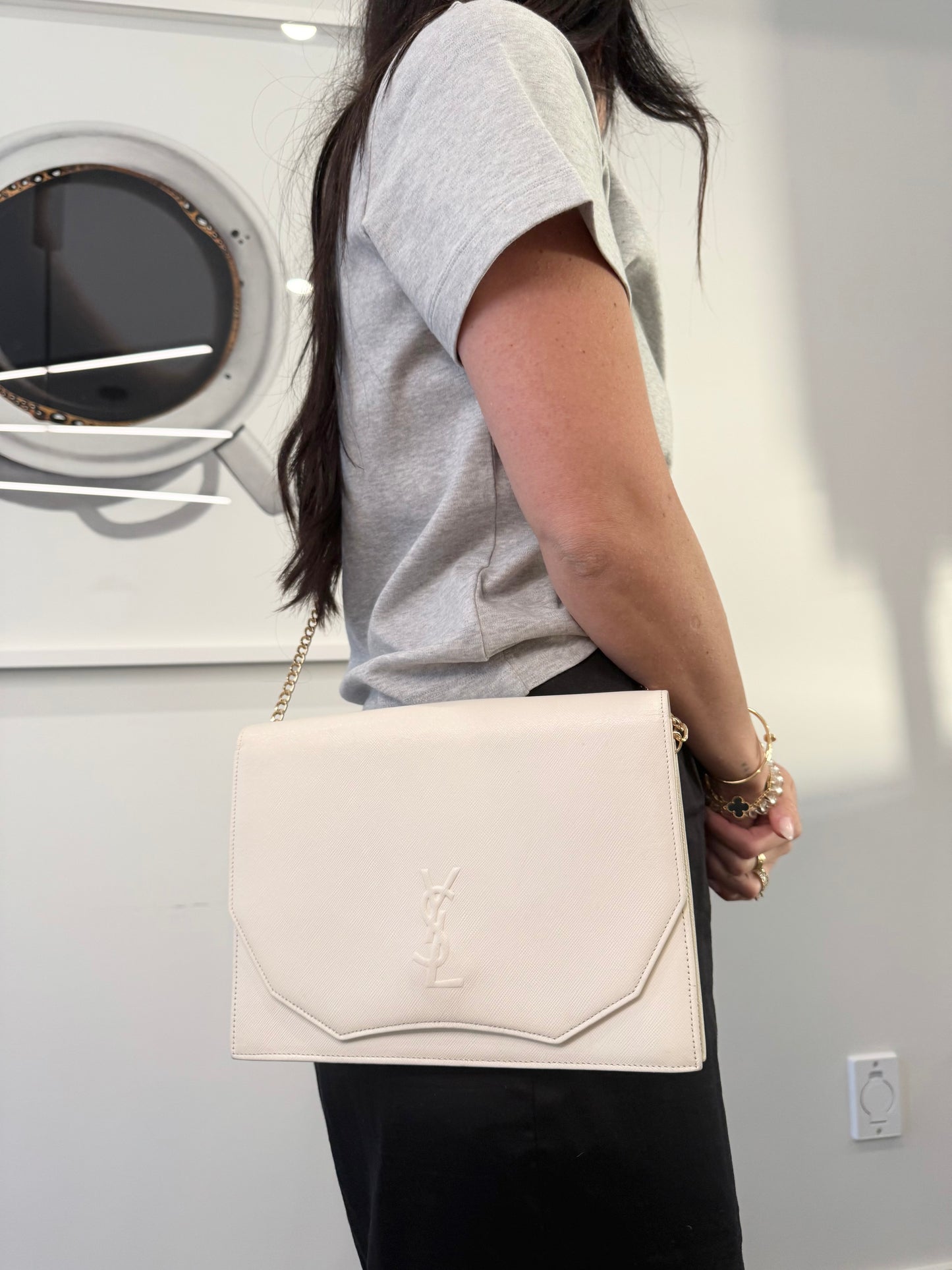 Yves saint Laurent magnetic flap crossbody clutch in white /gold! Fits phones keys wallets makeup etc