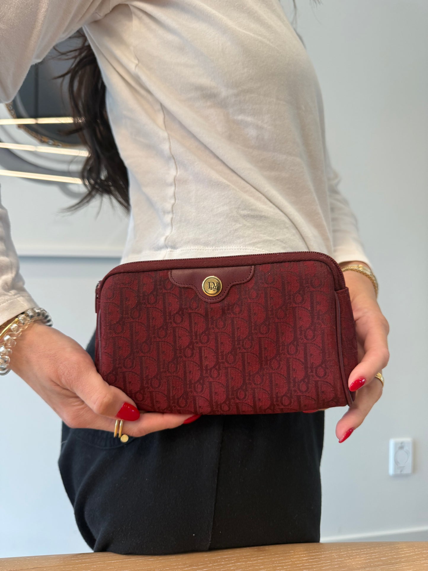 Rare Dior red on red stunning zipper top clutch with phones keys makeup etc