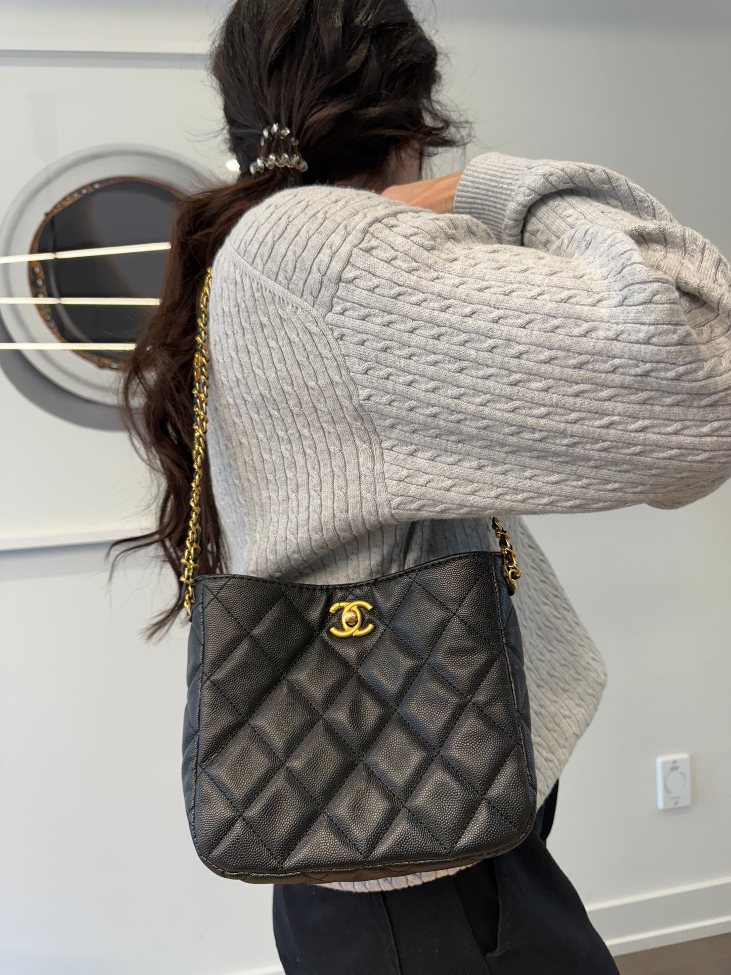 Like new in box ! Rare Chanel makeup vip lock closure shoulder tote ! Fits water bottle keys makeup phones wallets etc ! Black and gold ! Rare vip novelty piece don’t pay 12k in stores