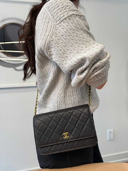 Brand new in box Chanel black/gold novelty wallet on a chain! Don’t spend $5000 in stores ! This novelty vip makeup bag fits phones keys makeup etc