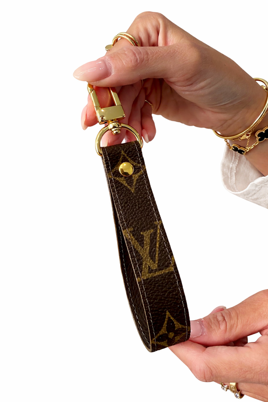 Upcycled long Louis Vuitton brown Interior monogram clip on keychain tassle made from a keepall 60 use her as a keychain or tassle clip on for your bag!