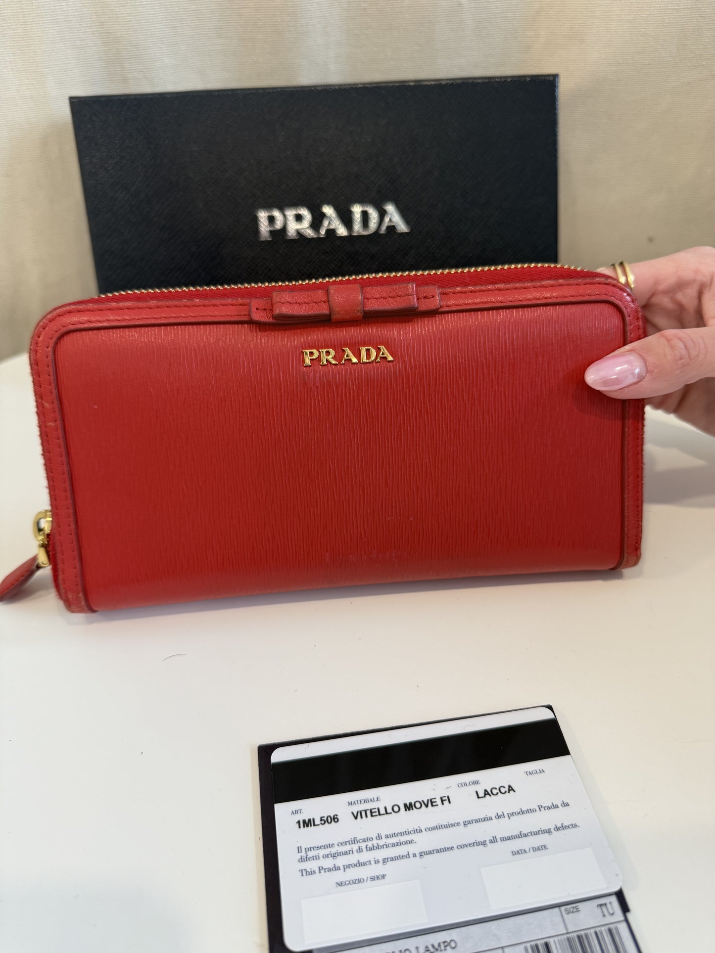 Prada red/gold zip around wallet with authenticity full set! Retail $1250! Gorgeous preloved condition