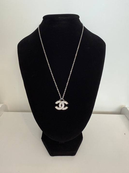 Upcycled Chanel silver plated rhinestone CC necklace ( was a button previously ) stamped !!