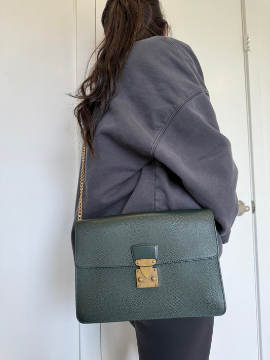 Rare Louis Vuitton money green taiga dragonne wristlet with added strap phones wallets etc fit