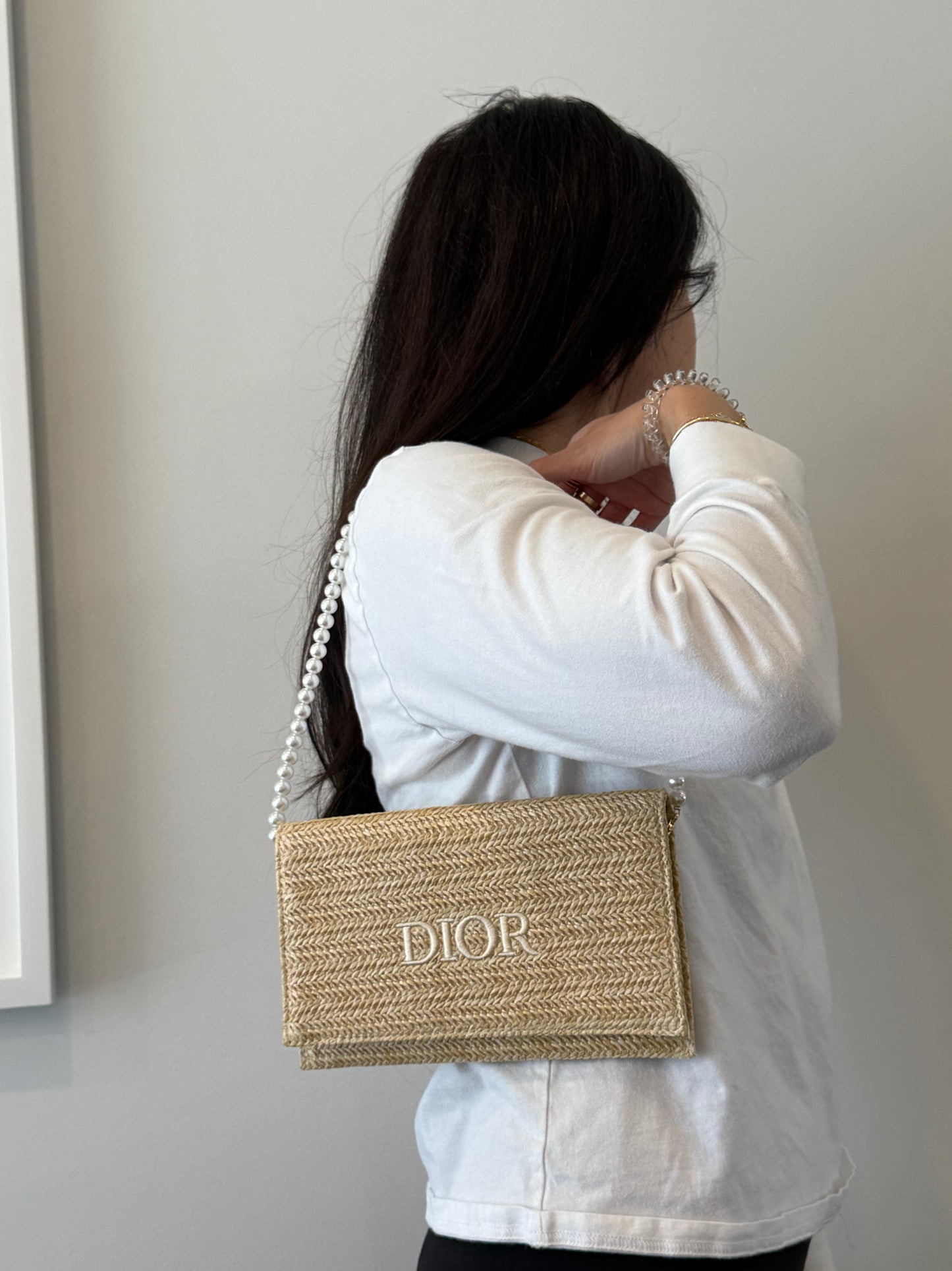 Brand new in box Dior raffia beauty magnetic closure crossbody clutch with 3 added straps ! Fits everything!