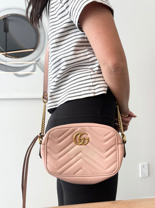 Authentic Gucci Marmont baby pink / gold crossbody in dustbag retail $2500 plus tax