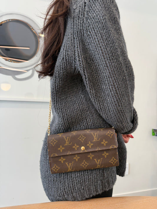 Louis Vuitton monogram sarah wallet with dustbag and upcycled necklace inside fits phones etc