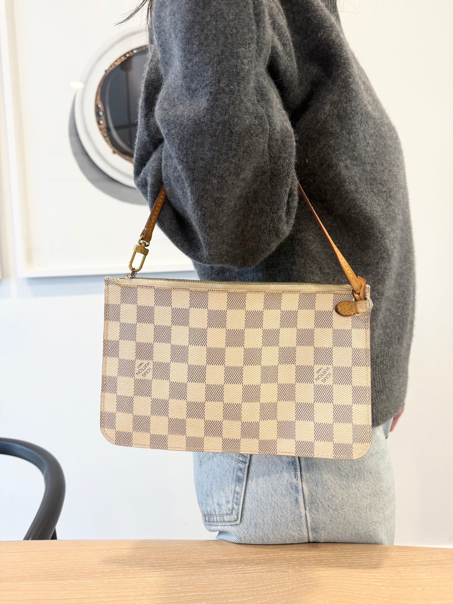 Louis Vuitton damier azur pochette accessories GM with original leather lv wristlet fits phones keys makeup etc