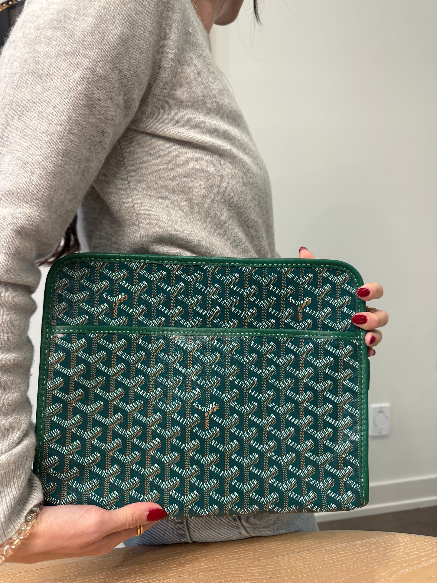 Rare Goyard money green Jouvence GM zipper top new toiletry clutch in dustbag