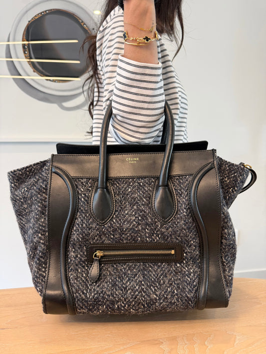 Authentic Céline Large Phantom Luggage Tote – Black Leather & Tweed/Wool – Gold Hardware $3500 new !