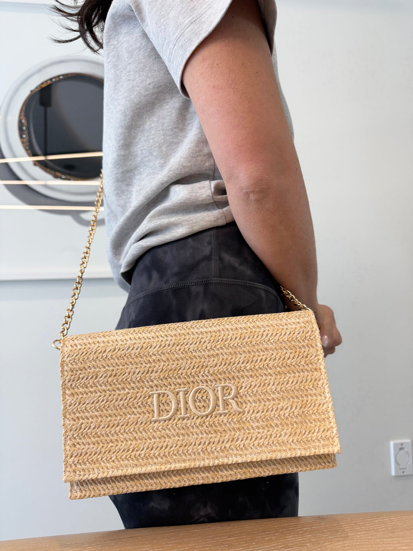 Authentic Christian Dior Raffia beauty magnetic closure zipper pocket crossbody clutch with added remove straps brand new in box !