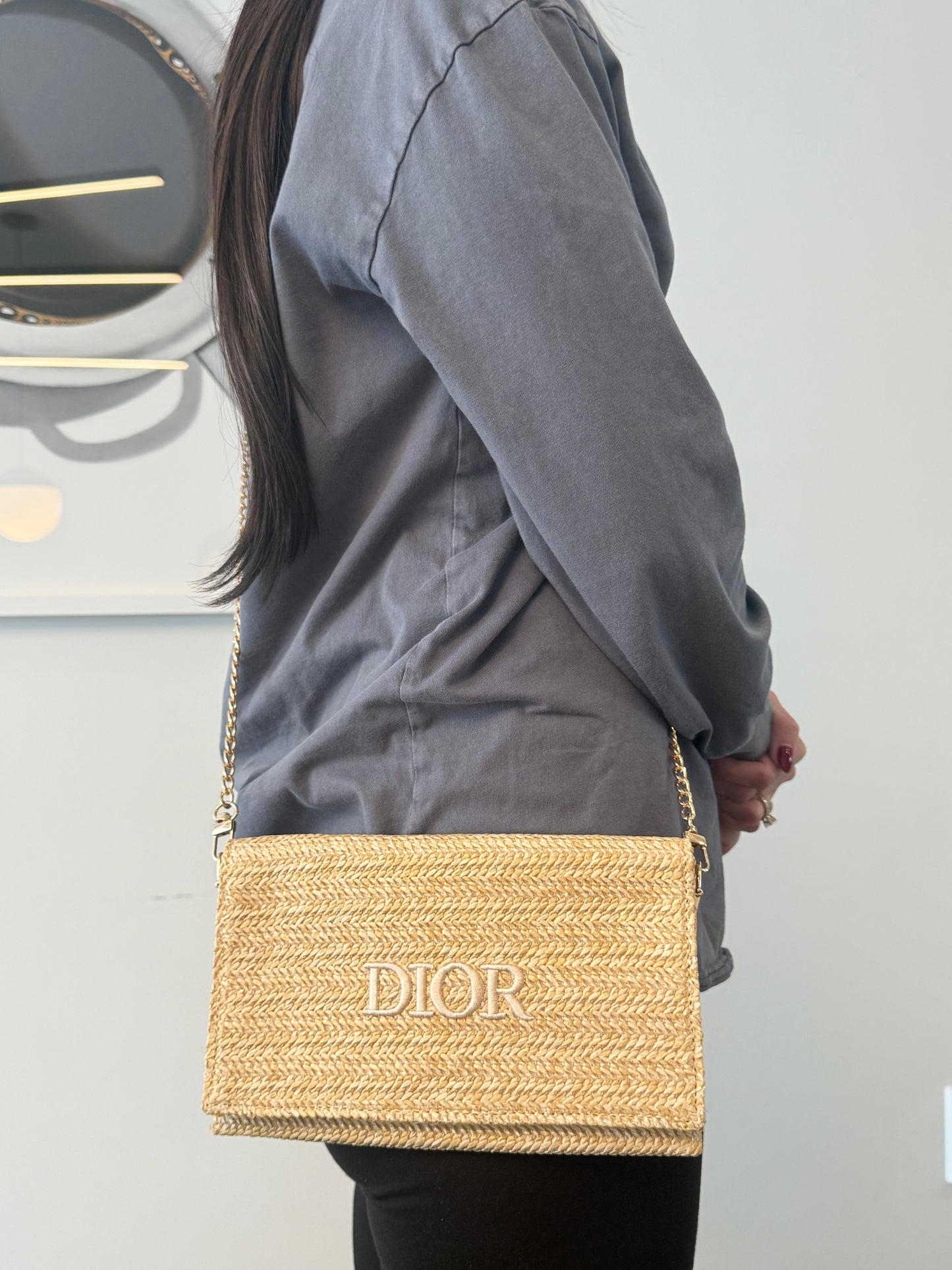 Rare Brand new in box Dior raffia magnetic closure with zipper closure crossbody clutch with added strap fits phones keys wallets etc