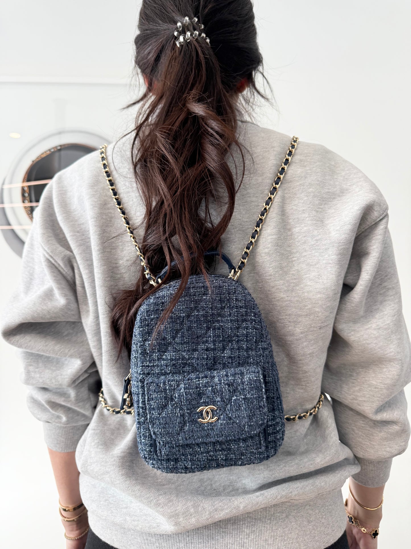 Brand new in box Chanel makeup blue denim / gold backpack! This is a novelty heavy duty makeup piece not a $15000 bag! Save your money !