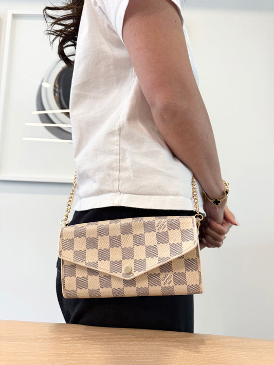 Authentic Louis Vuitton damier azur Sarah with added removeable strap in pristine condition inside and out ! Retail $935 plus tax fits phones etc !!