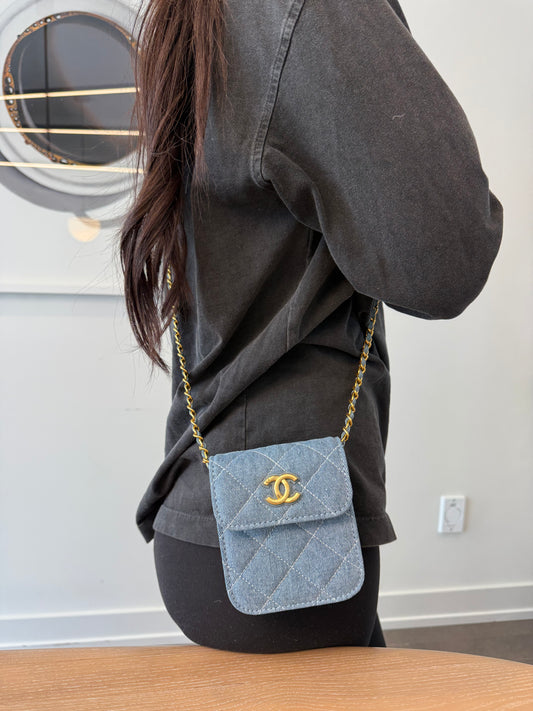 Brand new in box Chanel Denim crossbody !! With compliments of Chanel! Fits alll cardholders keys makeup etc