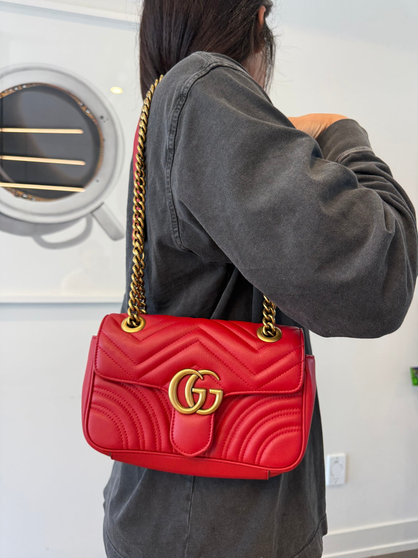 Authentic Gucci Marmont Flap 2 Way Red/Gold Crossbody Shoulder bag in dustbag! Client wore her twice . Like new condition retail $3370+tax fits everything